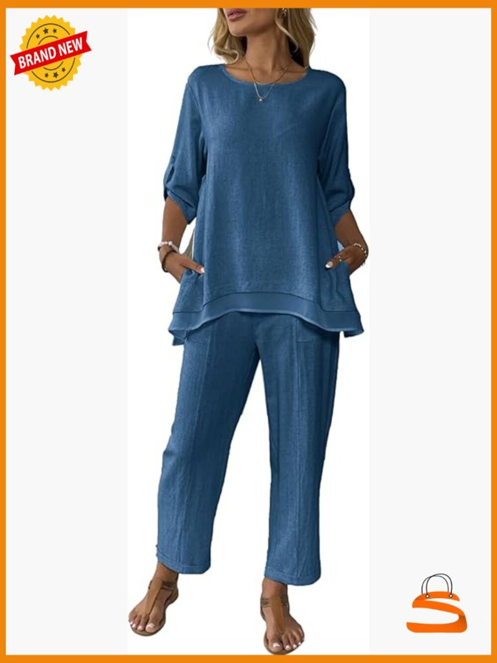 Linen 2 Piece Outfits Rolled Sleeves Top Wide Leg Pant Set Suits Summer Casual